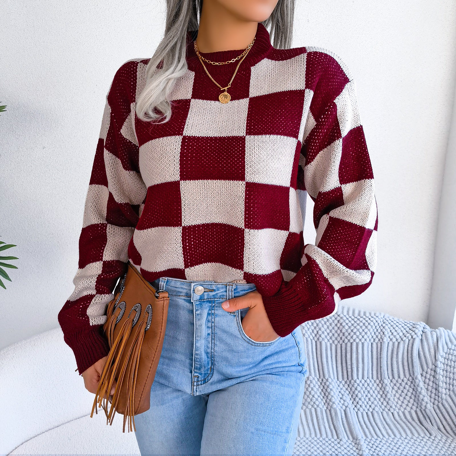 Women's Checkered Crewneck Sweater - 2026 Spring Fall Fashion Loose Pullover Top