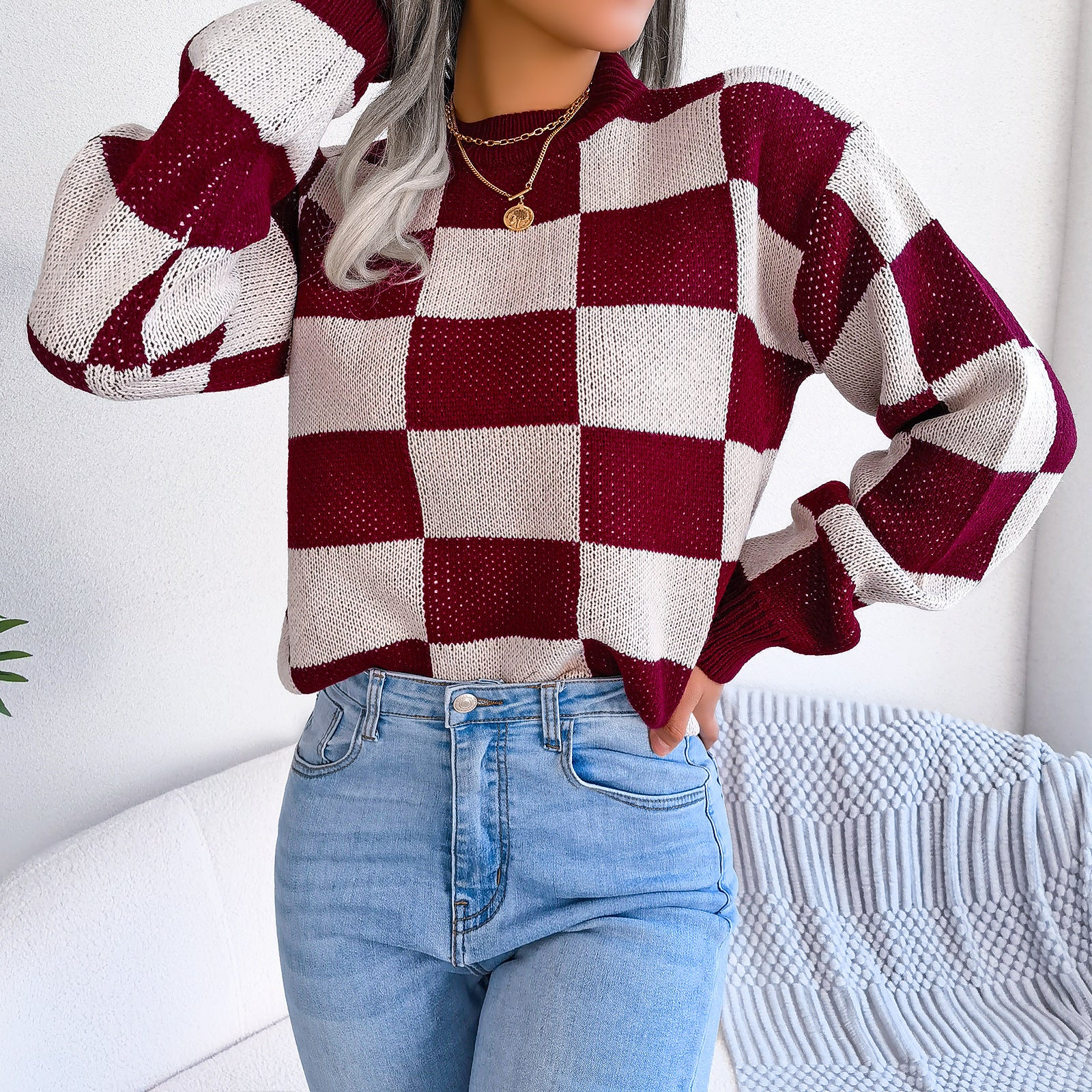 Women's Checkered Crewneck Sweater - 2026 Spring Fall Fashion Loose Pullover Top