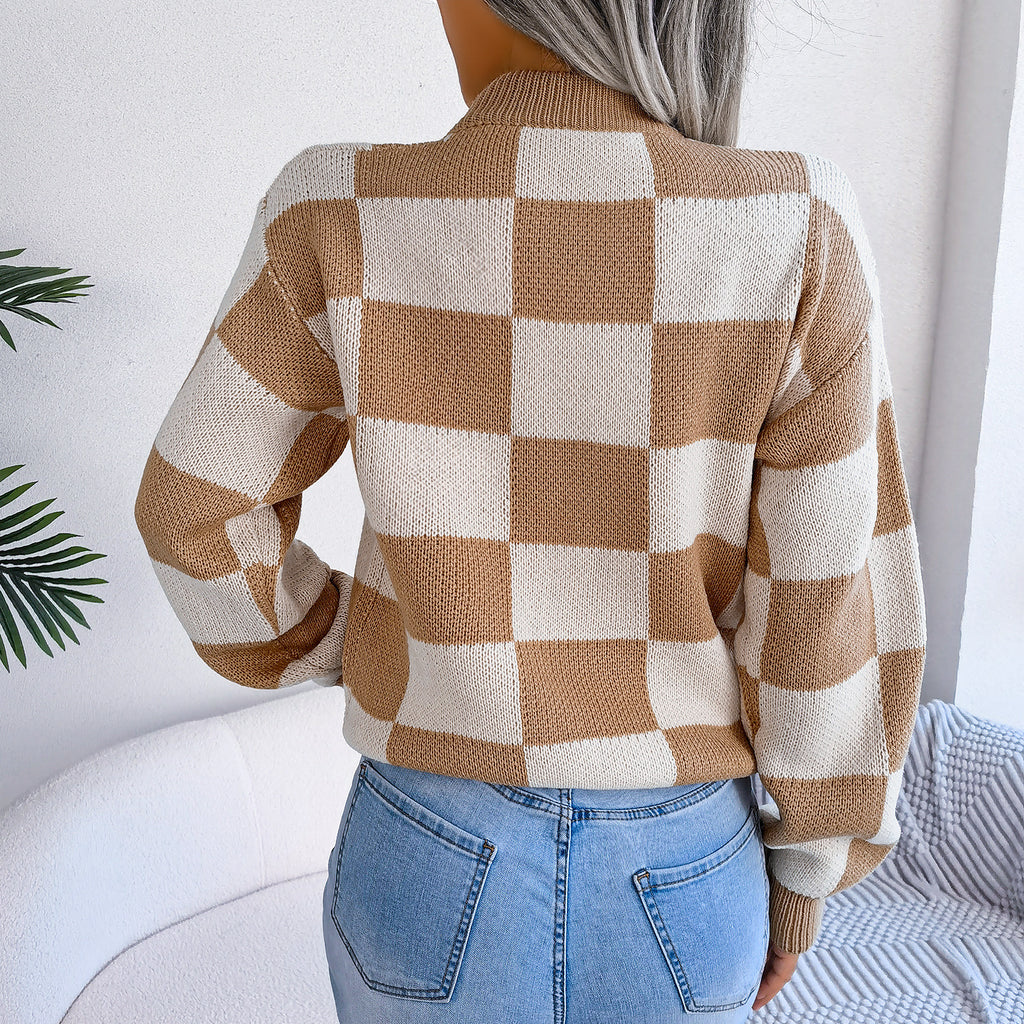 Women's Checkered Crewneck Sweater - 2026 Spring Fall Fashion Loose Pullover Top