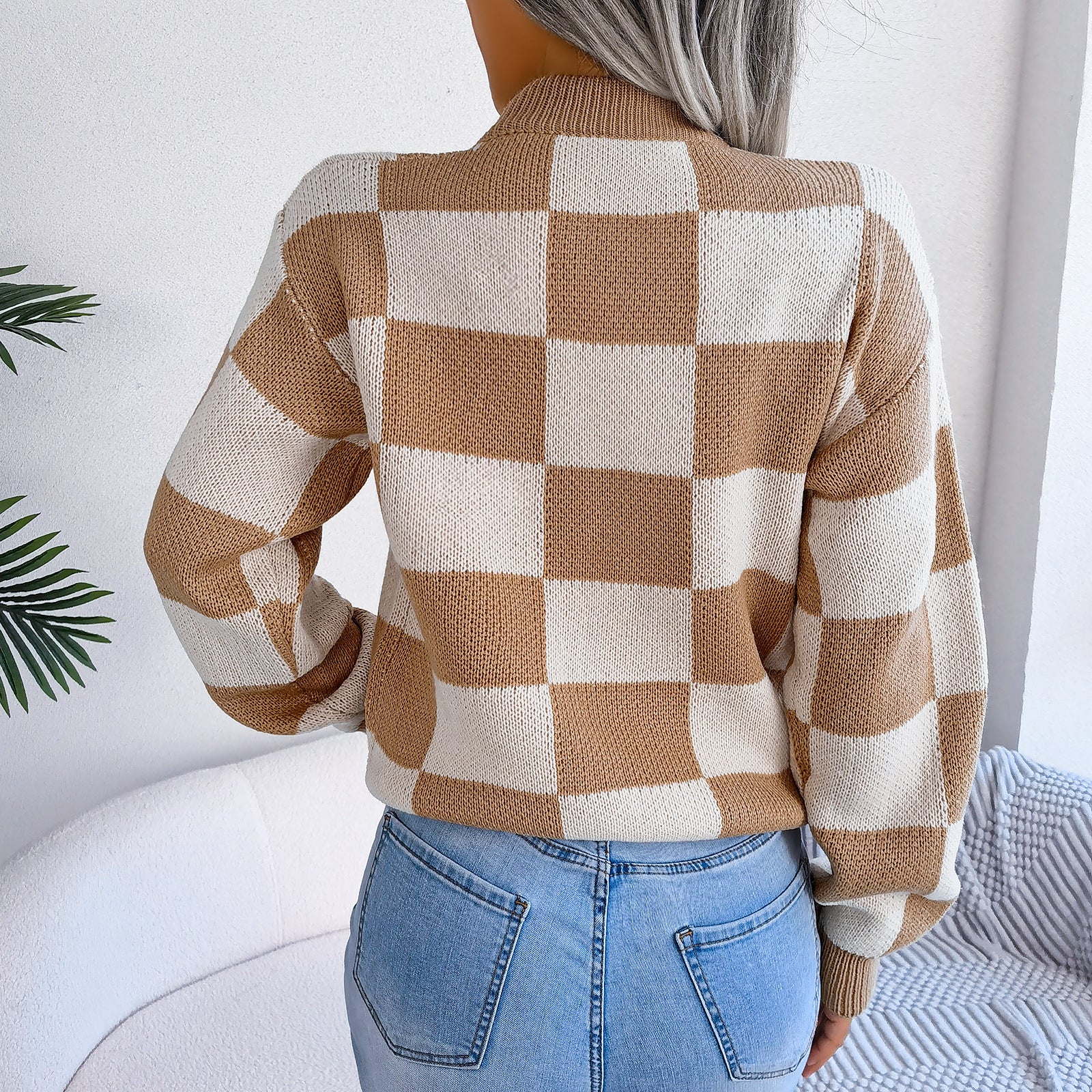 Women's Checkered Crewneck Sweater - 2026 Spring Fall Fashion Loose Pullover Top