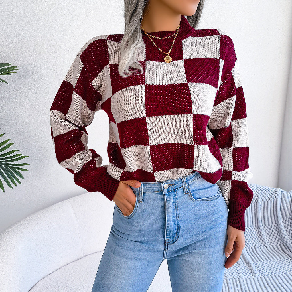 Women's Checkered Crewneck Sweater - 2026 Spring Fall Fashion Loose Pullover Top