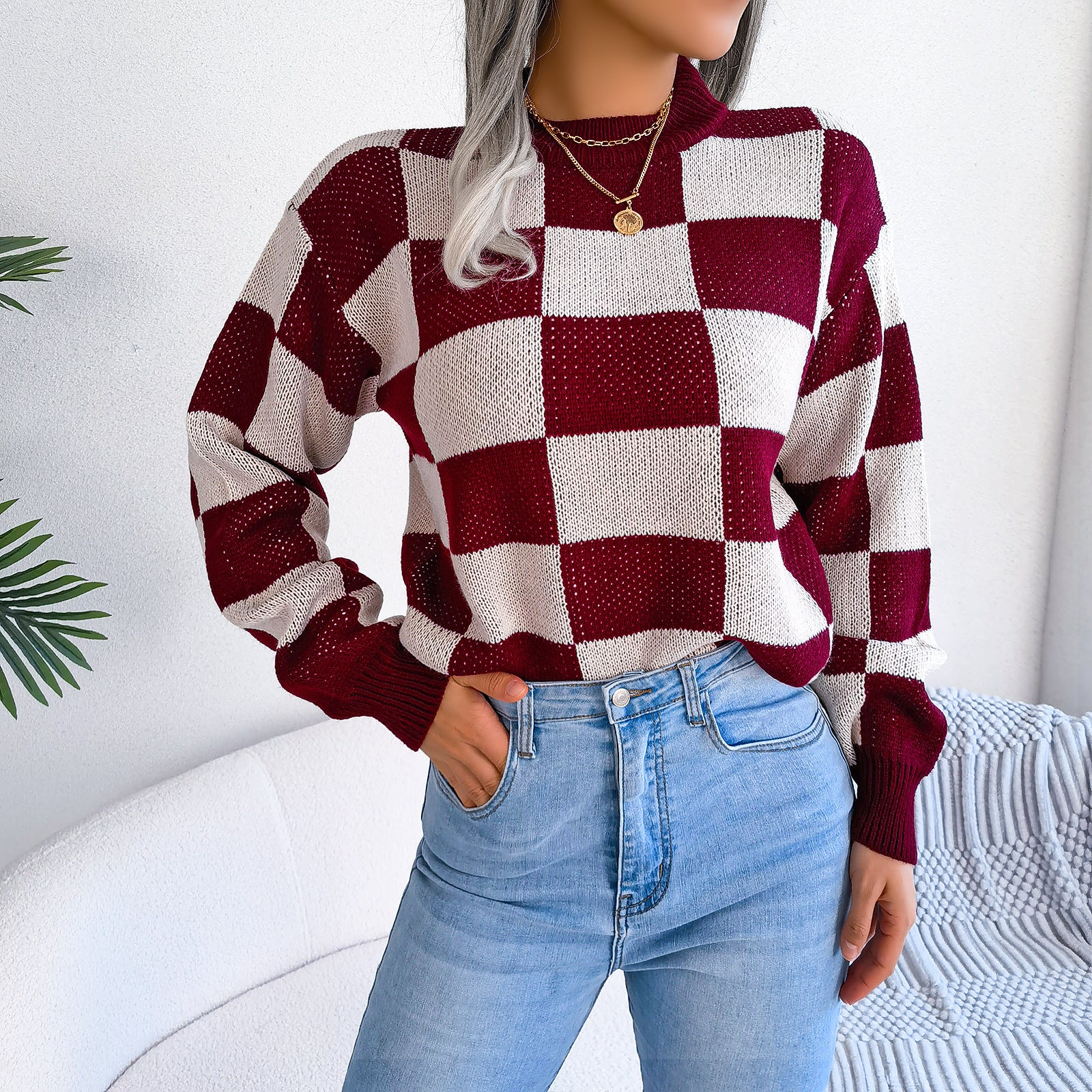 Women's Checkered Crewneck Sweater - 2026 Spring Fall Fashion Loose Pullover Top