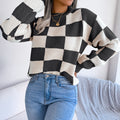Women's Checkered Crewneck Sweater - 2026 Spring Fall Fashion Loose Pullover Top