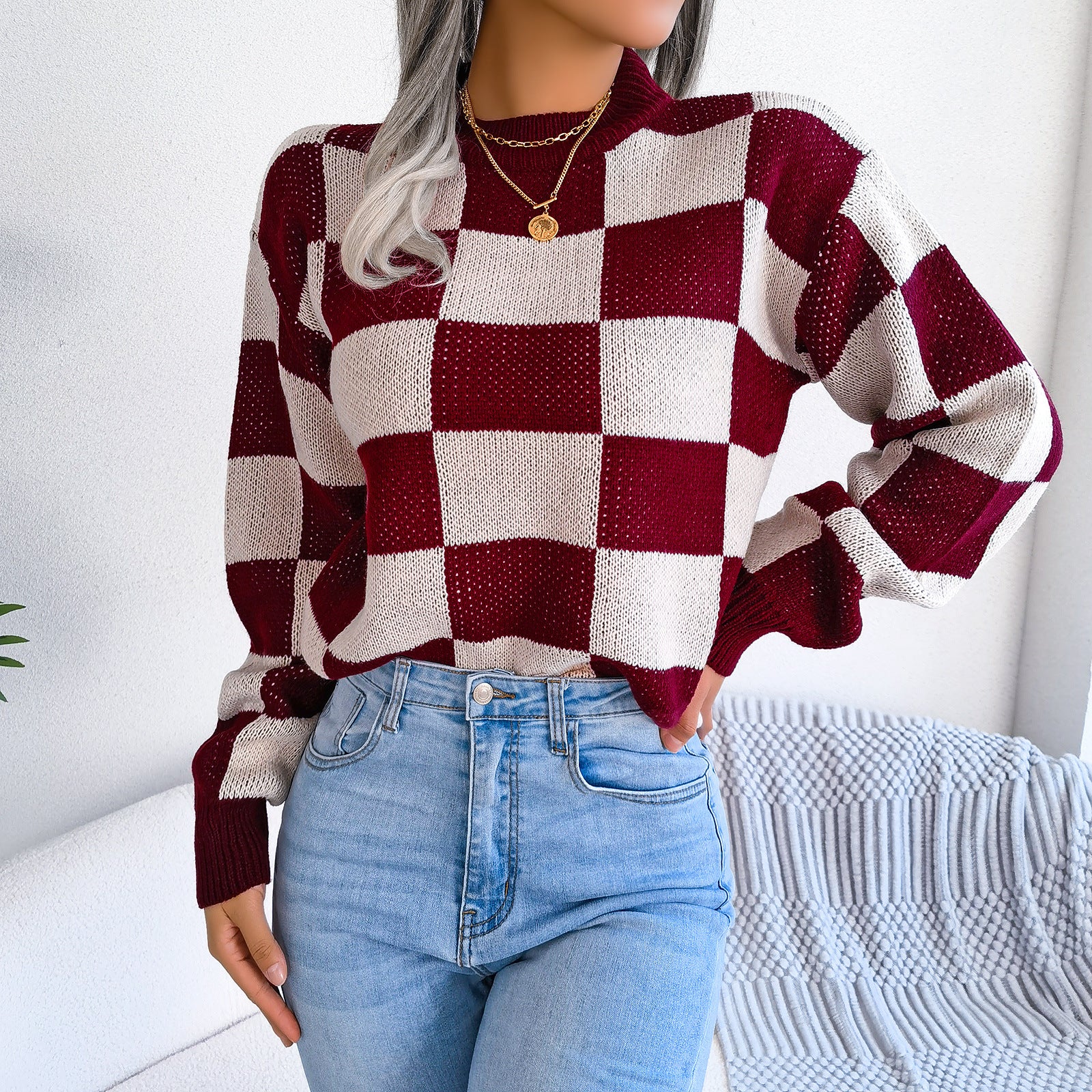 Women's Checkered Crewneck Sweater - 2026 Spring Fall Fashion Loose Pullover Top
