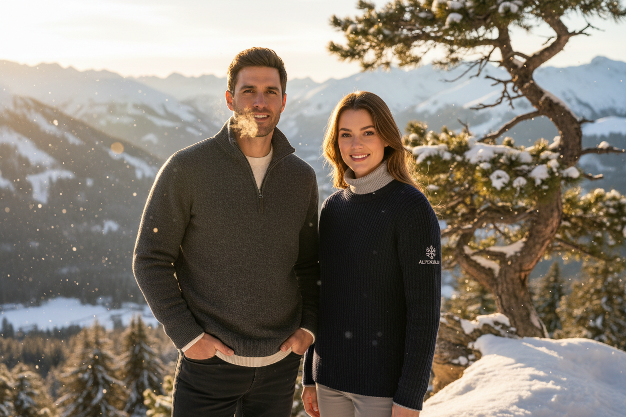 A high-end lifestyle hero image for an online winter clothing brand. A man and a woman wearing premium crewneck sweaters and quarter-zip pullovers stand confidently outdoors in a cold mountain or alpine setting. The environment feels crisp and wintry, with subtle snow and soft breath in the air, but the mood is warm and inviting. Golden-hour lighting casts a soft glow, creating a cozy, aspirational atmosphere. Clothing appears thick, soft, and high quality in neutral winter tones like cream, charcoal, navy,