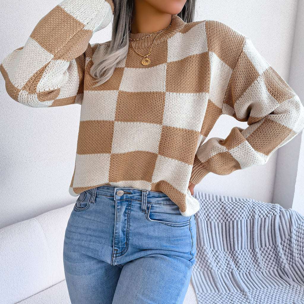 Women's Checkered Crewneck Sweater - 2026 Spring Fall Fashion Loose Pullover Top