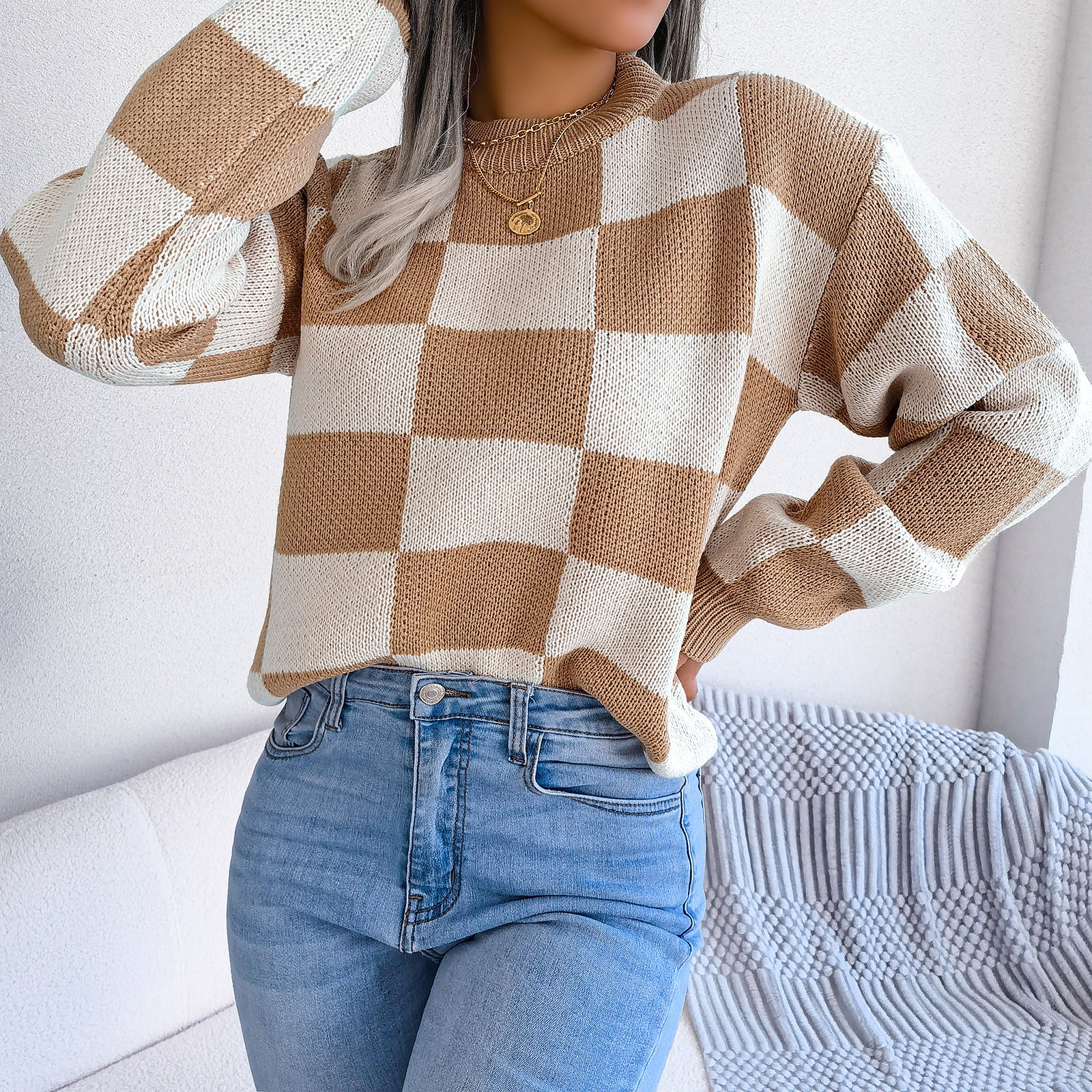 Women's Checkered Crewneck Sweater - 2026 Spring Fall Fashion Loose Pullover Top