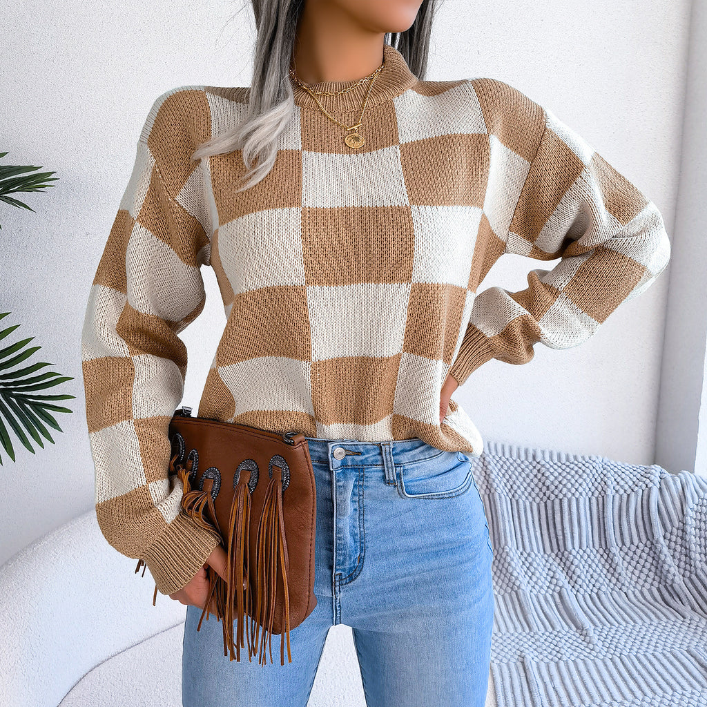 Women's Checkered Crewneck Sweater - 2026 Spring Fall Fashion Loose Pullover Top