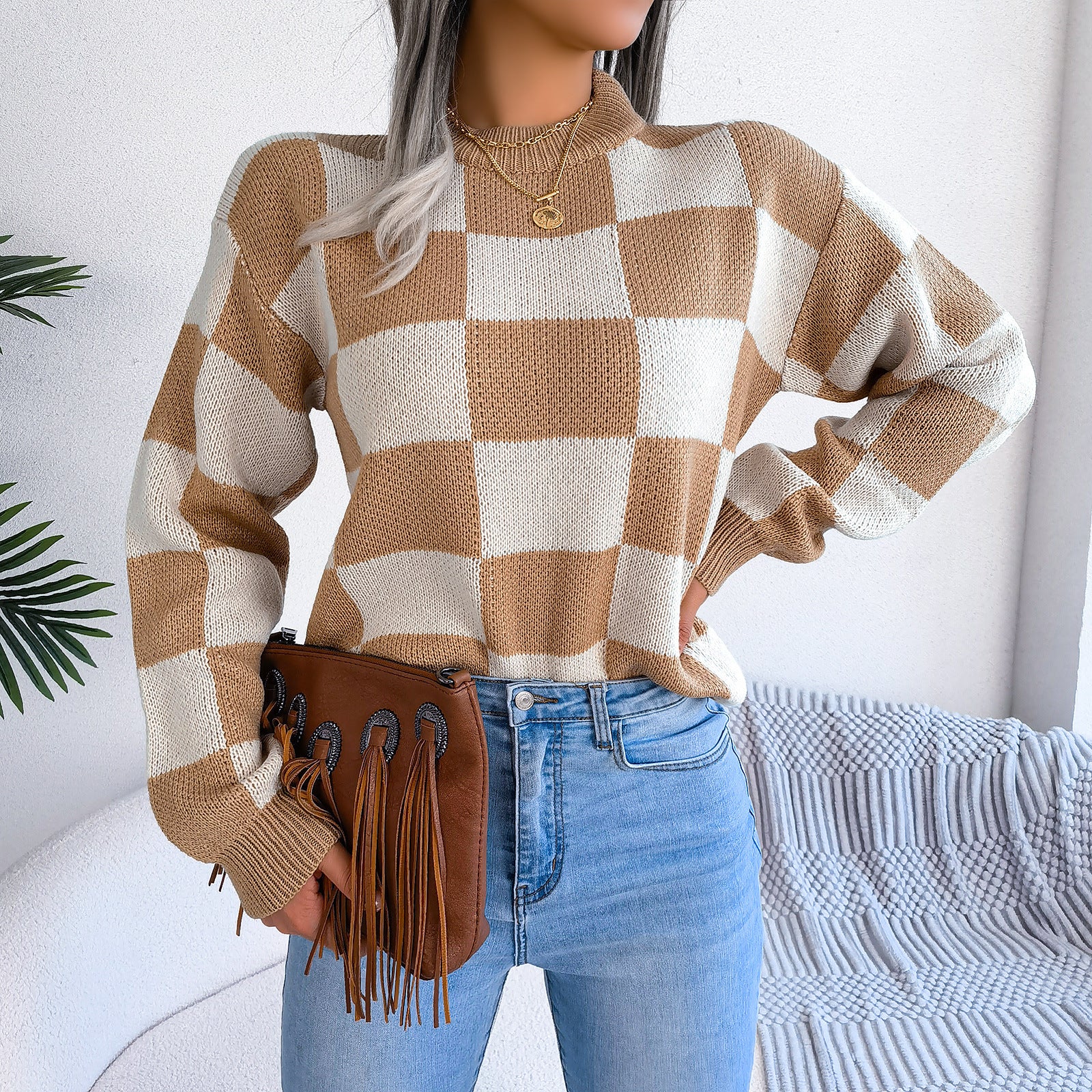 Women's Checkered Crewneck Sweater - 2026 Spring Fall Fashion Loose Pullover Top