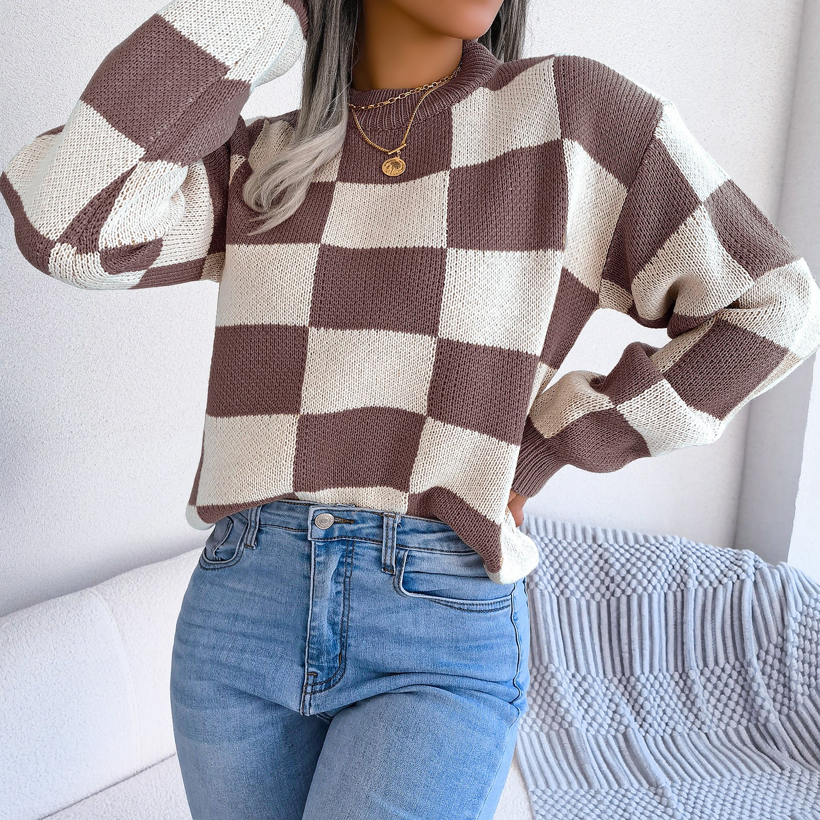 Women's Checkered Crewneck Sweater - 2026 Spring Fall Fashion Loose Pullover Top