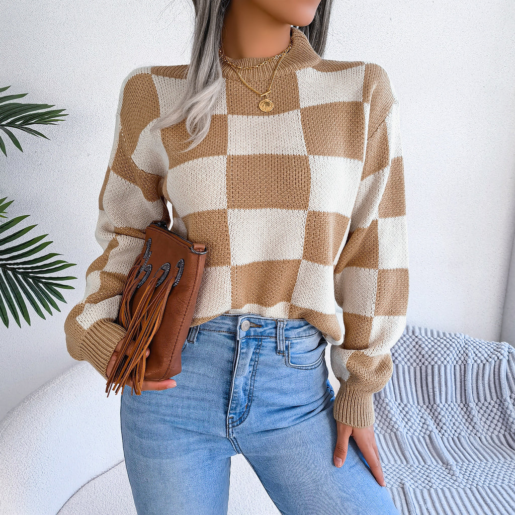 Women's Checkered Crewneck Sweater - 2026 Spring Fall Fashion Loose Pullover Top