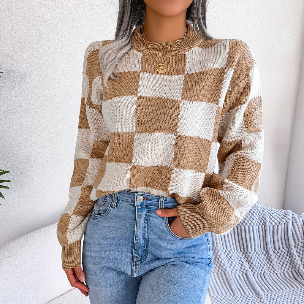 Women's Checkered Crewneck Sweater - 2026 Spring Fall Fashion Loose Pullover Top